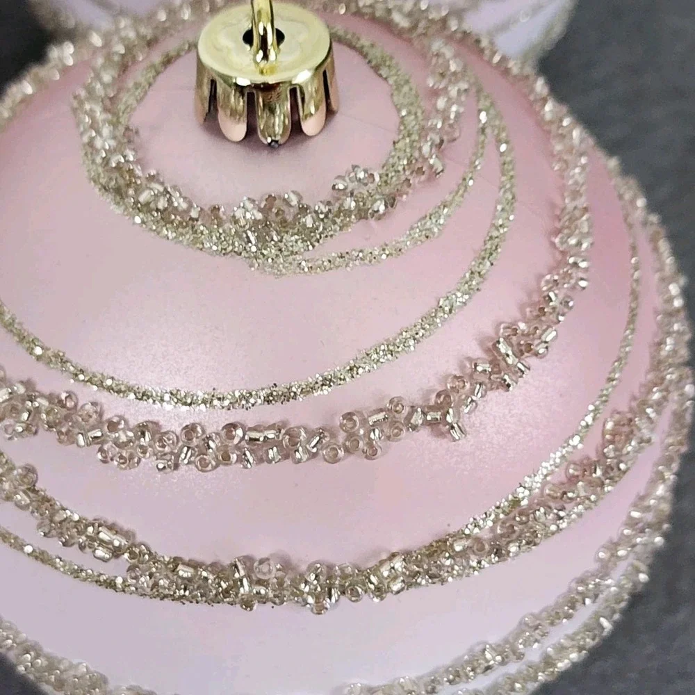 4 Pink Gold Beaded Christmas Round‎ Ball Ornaments Ombre Rose Gold Plastic 4
